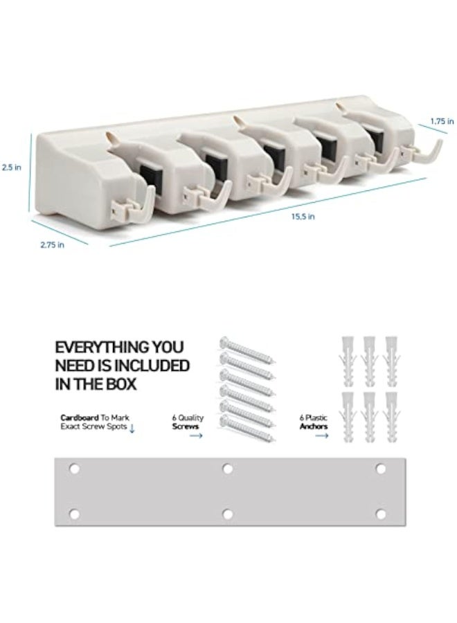 Plastic Mop & Broom Holder Wall Mount, 5 Position Organizer with 6 Hooks – Heavy-Duty Garage & Home Storage System - Image 2